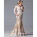 2017 Latest Design Long Sleeve V Neck Luxury Satin Appliqued Sexy Champagne Mermaid Wedding Dress